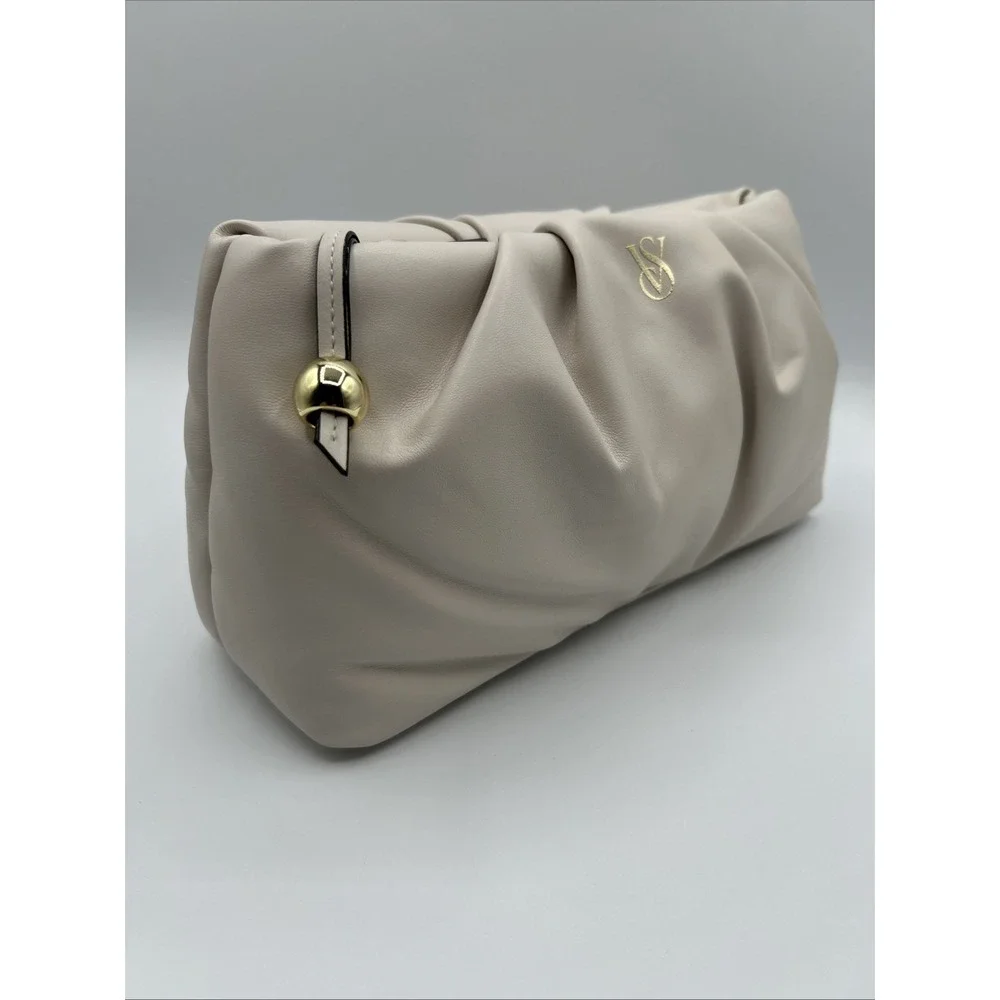 Victoria's Secret Cream Beige Ruched Cosmetic Bag Pouch Clutch Gold Hardware